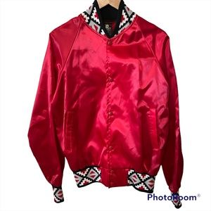 Black Sheep VTG Men's Women's Red Satin Aztec Trim Jacket Coat M Euc